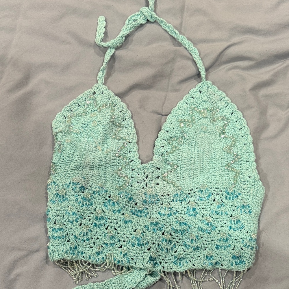 Crochet Halter Top in Light Blue